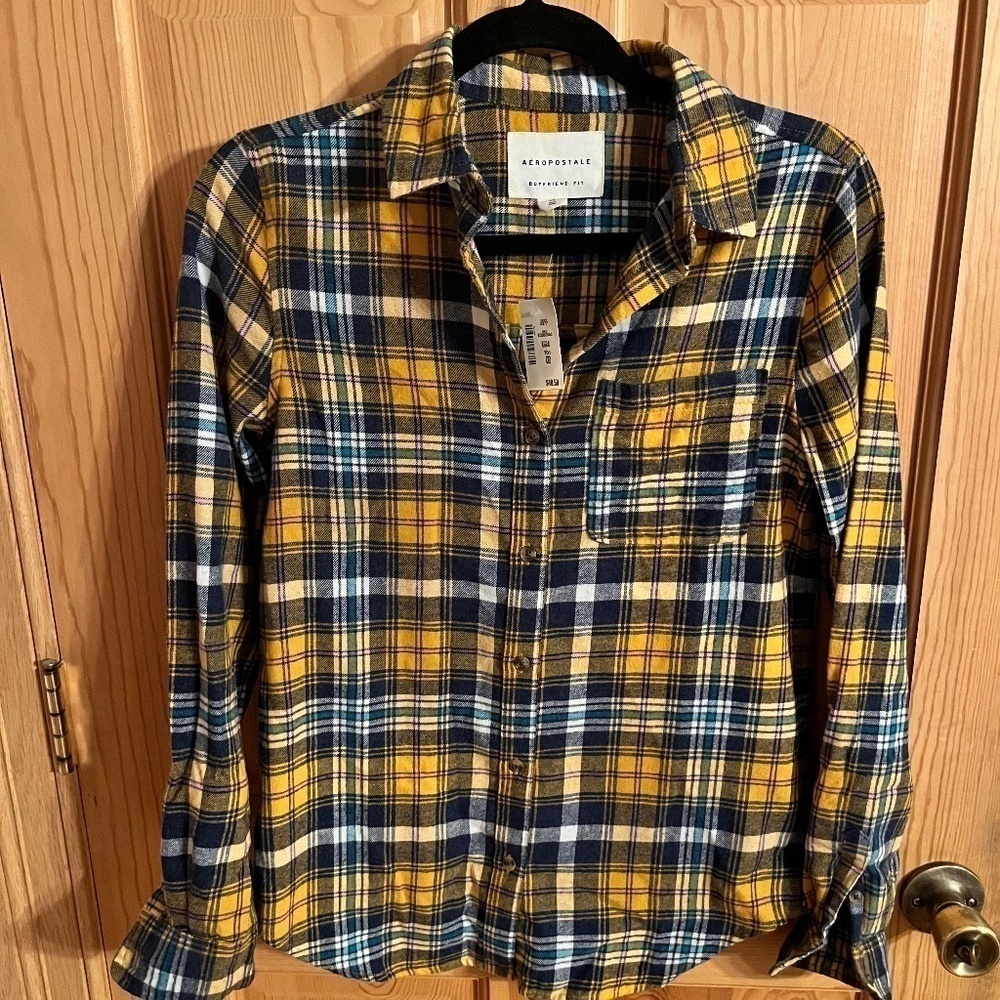 Aeropostale Blue Gold Plaid Flannel Shirt NWT XS Boyfriend Fit Preppy Grunge